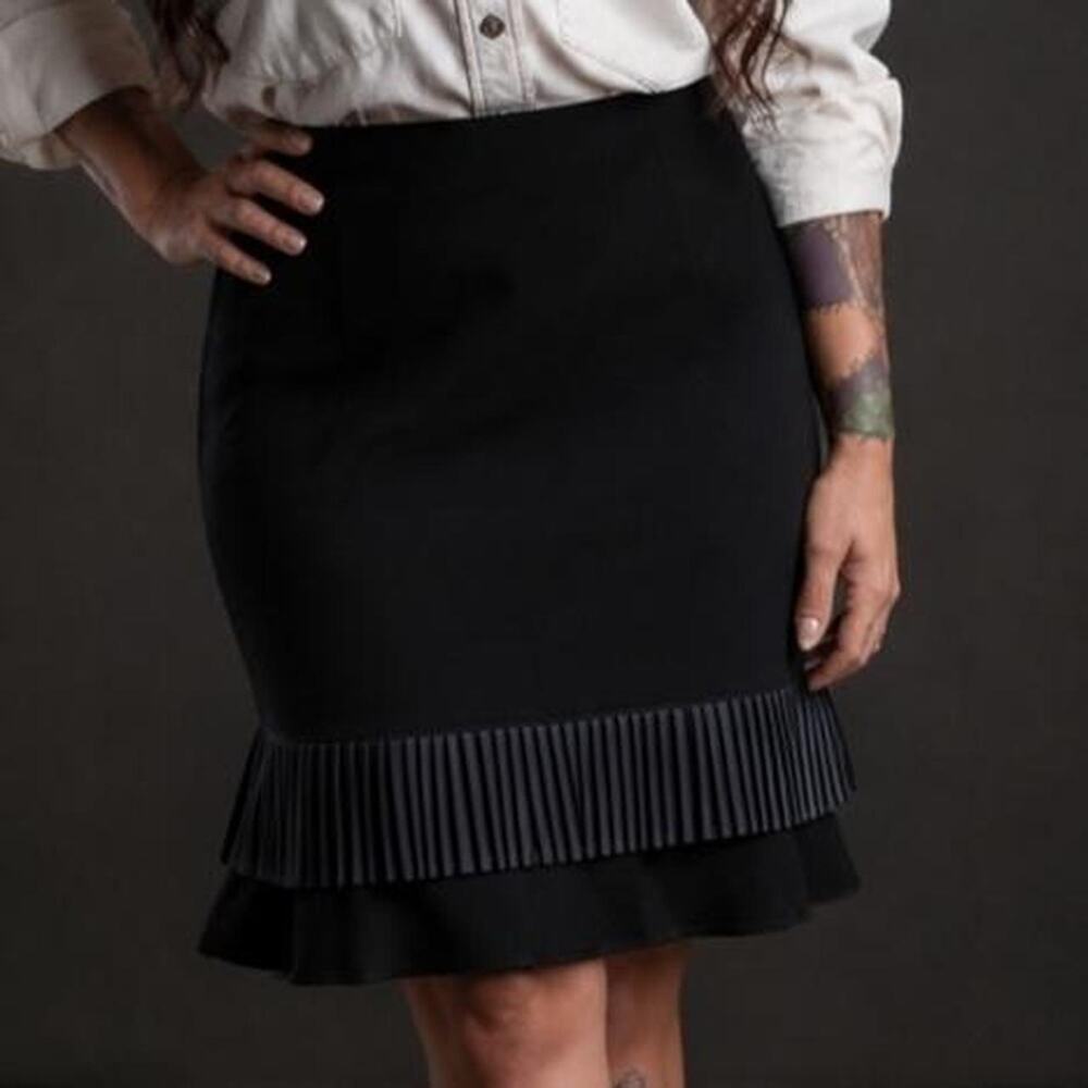 Black 100% cotton pleated midi skirt with ruffle hem and side slit, size M